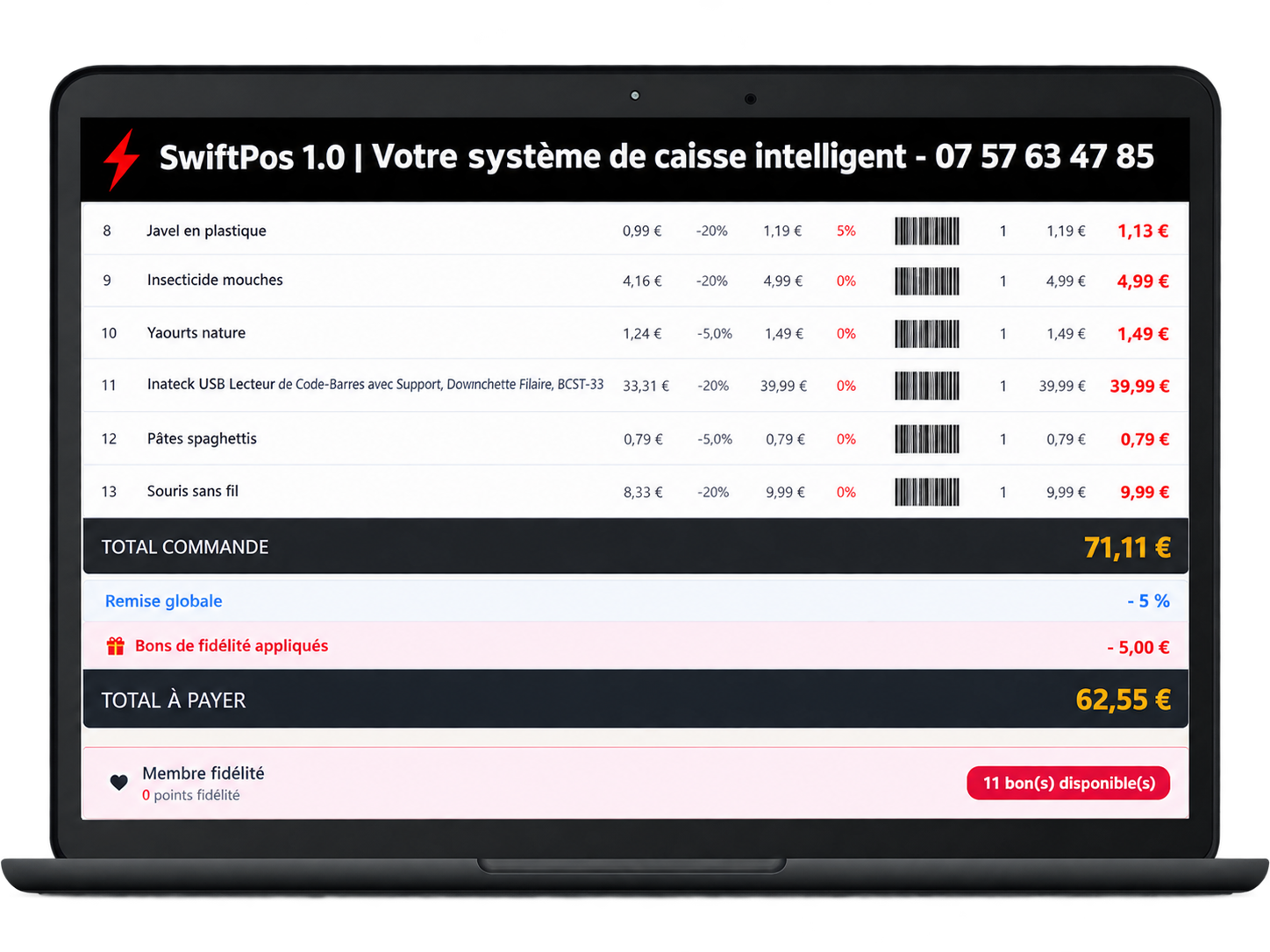 Interface SwiftPos sur ordinateur portable