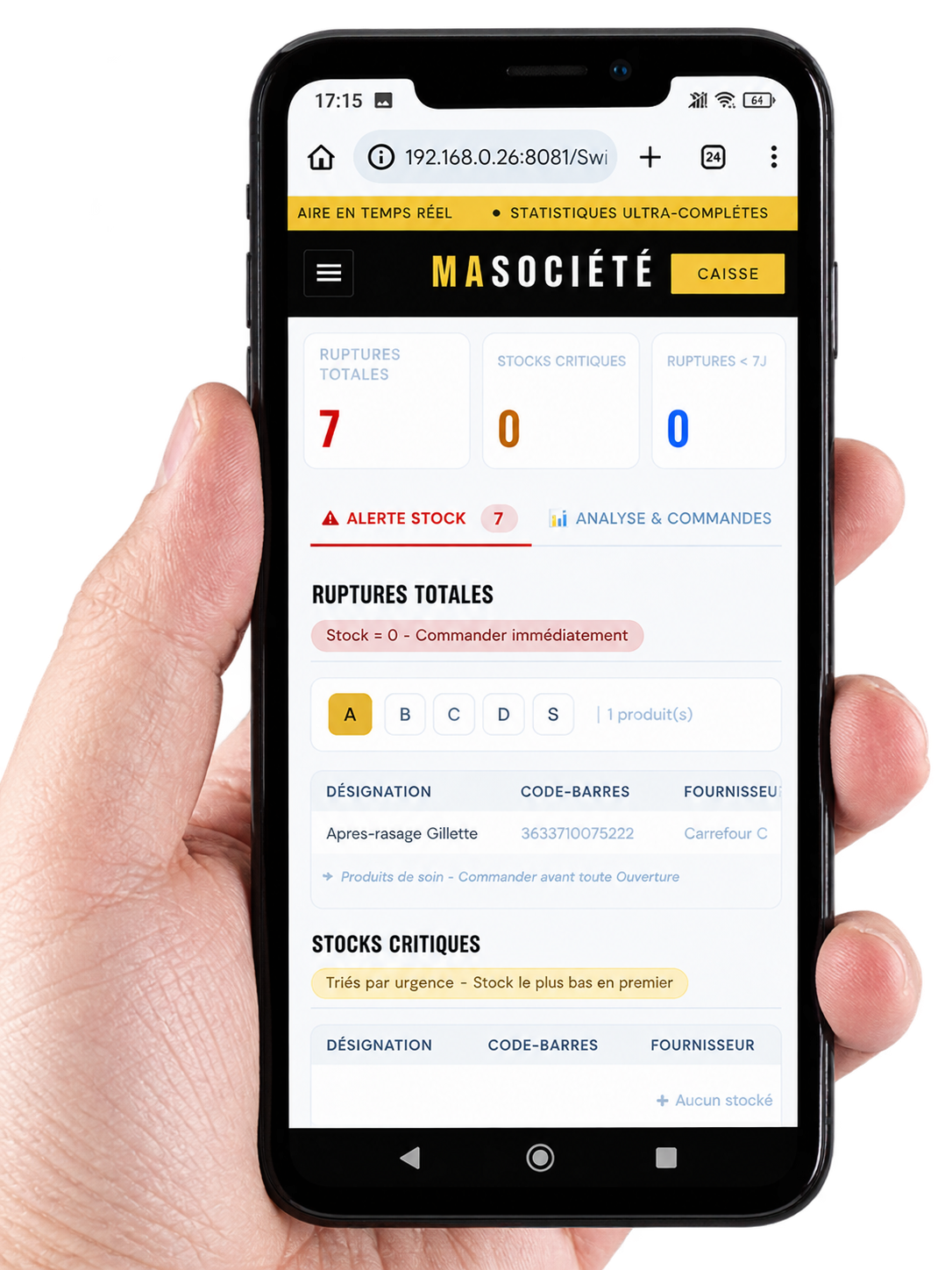 Interface SwiftPos sur smartphone tenu en main