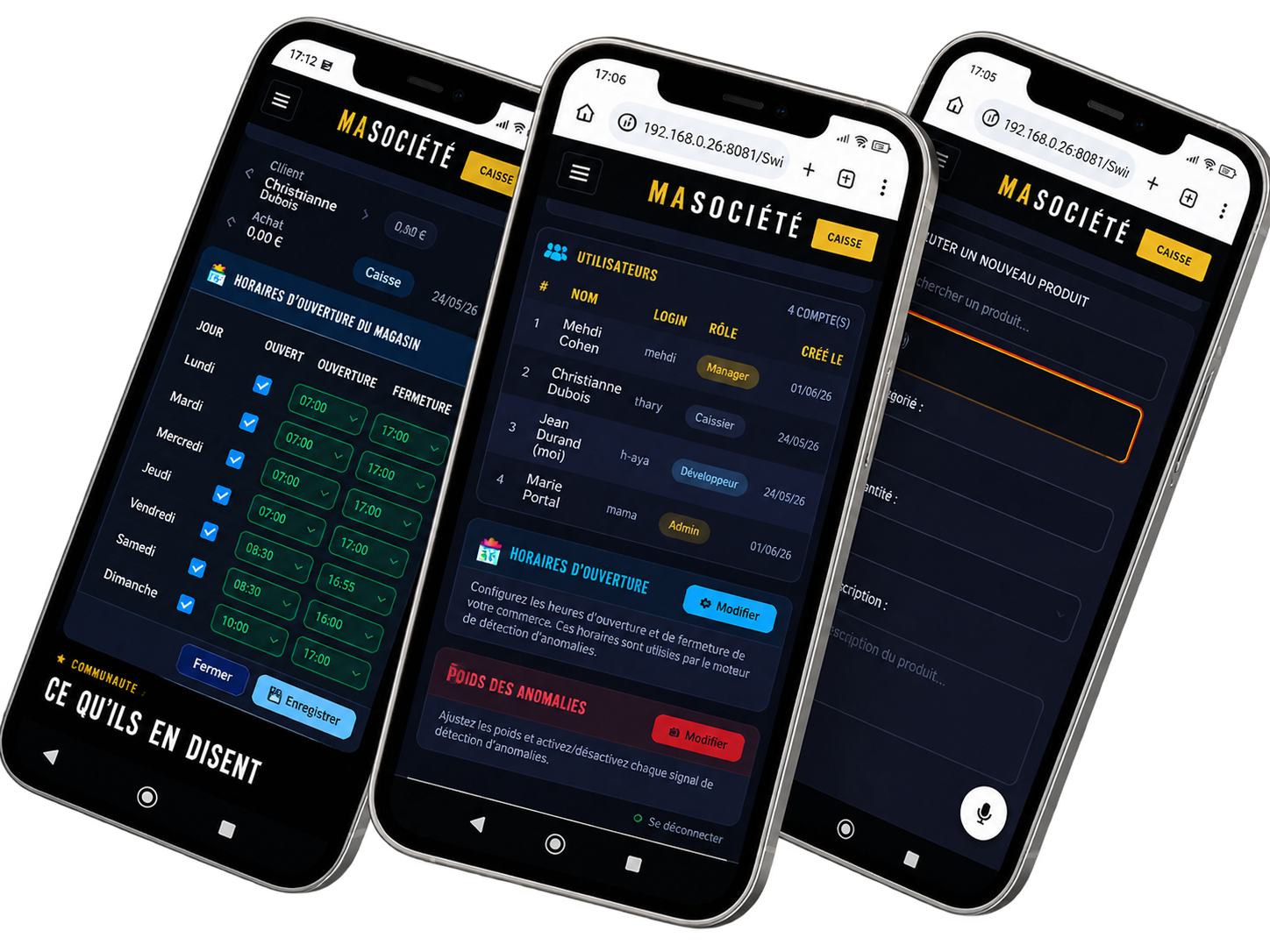 Interfaces SwiftPos sur plusieurs écrans iPhone