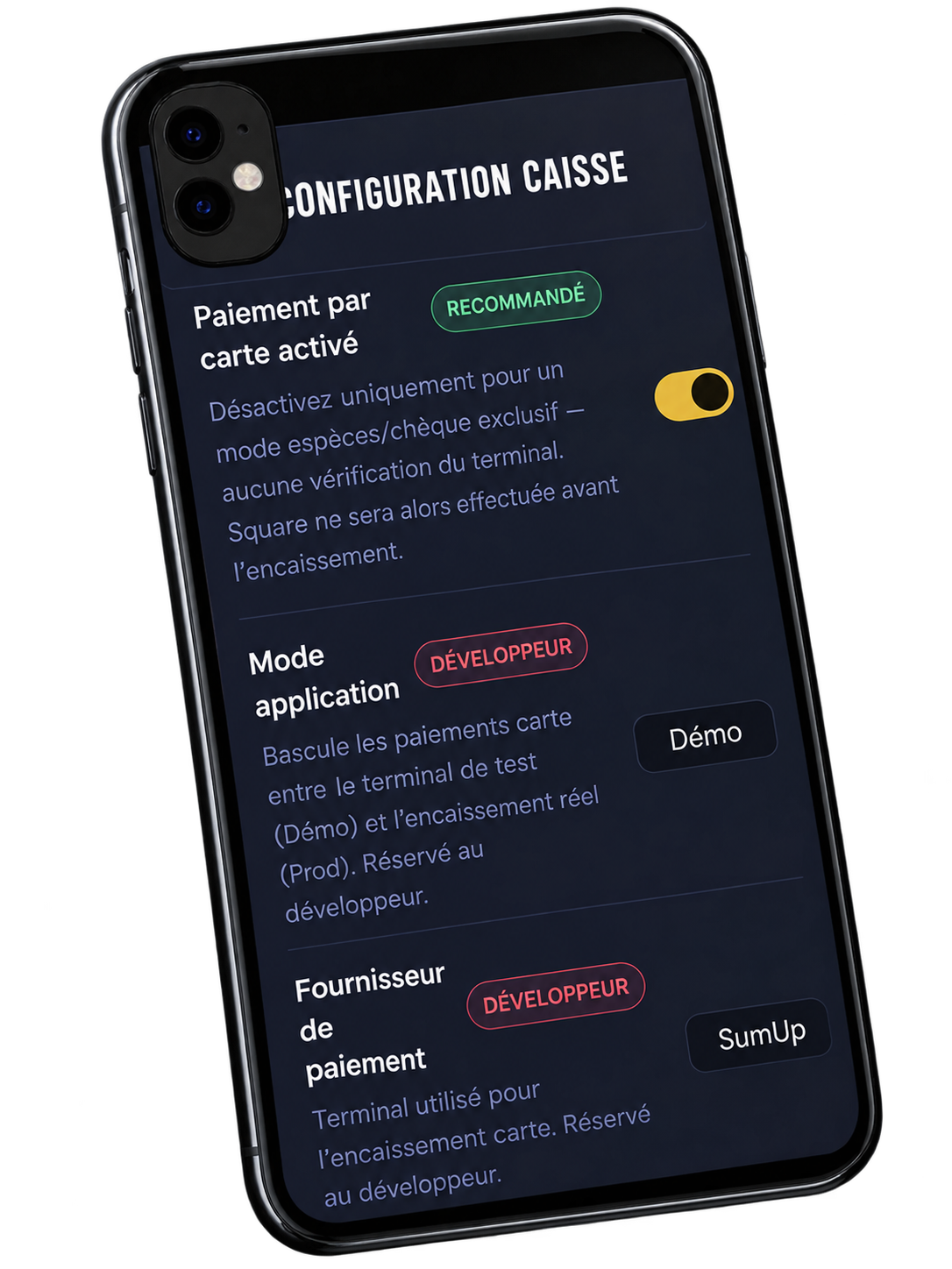 Interface SwiftPos sur iPhone avec coque